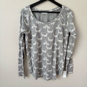 Stem Gray and White Llama Patterned Long Sleeve Top S